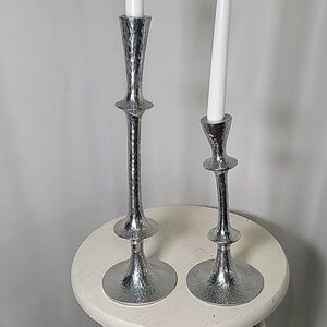 TORRE & TAGUS Design Stamped Silver Tilted Tiered Candle Sticks Holdera Taper